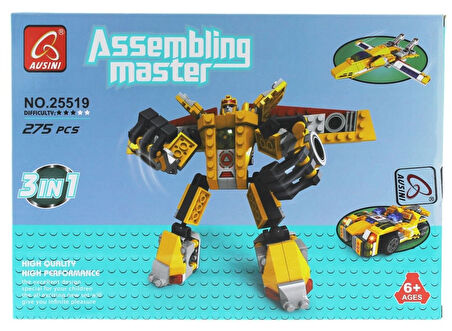 Kız Erkek Çocuk Oyuncak Ausini Assembling Master 3 in 1 273 Parça Sarı Dönüşen Robot Kız Erkek Çocuk