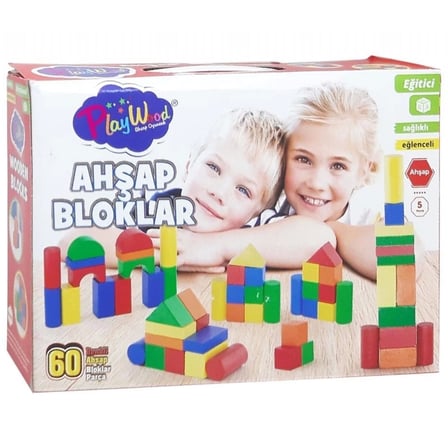 Kız Erkek Çocuk Oyuncak Kutuda Ahşap 60 Parça Renkli Bloklar Kız Erkek Çocuk Oyuncak Eğitici Eğlence
