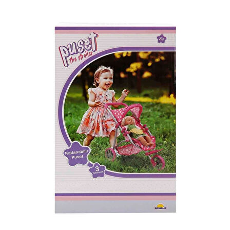 Kız Erkek Çocuk Oyuncak 0663 Puantiye Desenli, 3 Tekerlekli ve Tenteli Oyuncak Puset - Sunman Kız Er