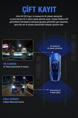 2 Kameralı 4K Sim Kartlı Uzaktan İzlenebilen Araç Kamerası Güvenlik Kamerası