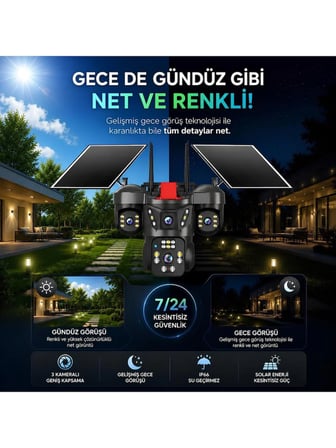 Onqam ON-S4 Sim Kart Takılabilen 4 Kameralı Güvenlik Kamerası - Solar Güneş Panelli Renkli Gece Görüşü ve IP67 AOV Sürekli Kayıt