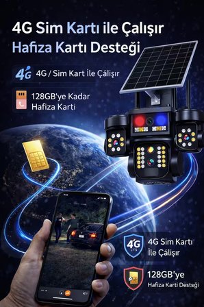 İki Kameralı Sim Kartlı 7/24 Kayıt Özelliği Olan Güneş Enerjili Su Geçirmez Güvenlik Kamerası