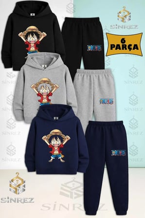3'Lü Çocuk Unısex ANIME ONE PIECE ELLER YUKARI Baskılı Kapşonlu Eşofman Takımı