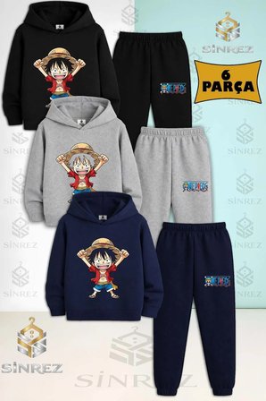3'Lü Çocuk Unısex ANIME ONE PIECE ELLER YUKARI Baskılı Kapşonlu Eşofman Takımı
