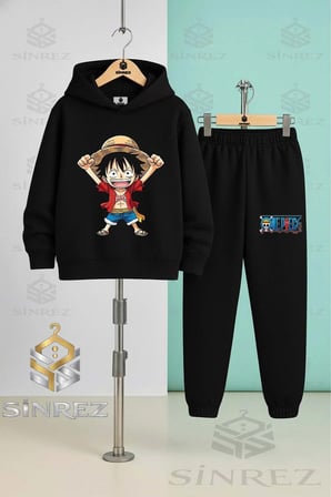 3'Lü Çocuk Unısex ANIME ONE PIECE ELLER YUKARI Baskılı Kapşonlu Eşofman Takımı