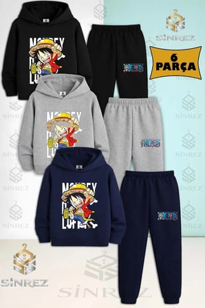 3'Lü Çocuk Unısex ANIME ONE PIECE SOL YAZI Baskılı Kapşonlu Eşofman Takımı