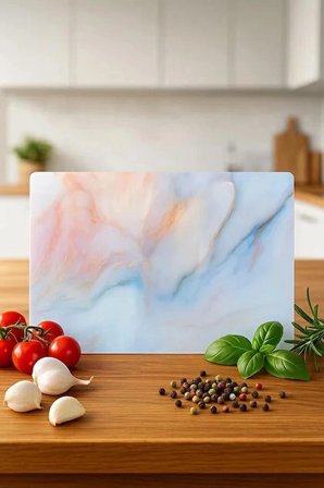 Miabella Home Cam Kesme Tahtası, Kesme Tablası  Kenarları Oval, Antibakteriyal, Sunum Tahtası Pembe Desen20x 30 cm