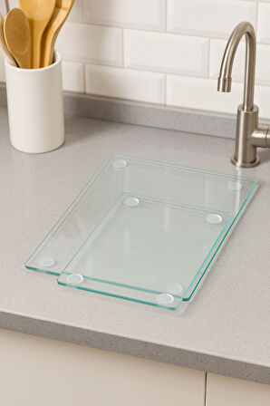 2'li Temperli Cam Kesme Tahtası 20x30 & 25x35 cm | Hijyenik Mutfak Doğrama Camı
