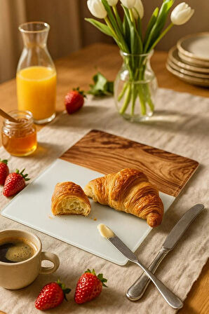 Temperli Cam Kesme Tahtası Beyaz- Ahşap Kesme Tahtası Sunum Tahtası Cam Doğrama Tahtası 25x35 cm 