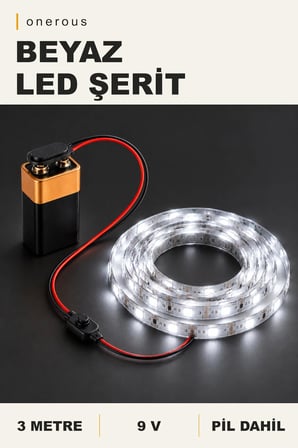 Onerous 3 m 9V Beyaz LED Şerit, Pilli, Pil Dahil, Anahtarlı