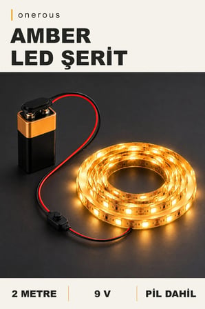 Onerous 2 m 9V Amber LED Şerit, Pilli, Pil Dahil, Anahtarlı