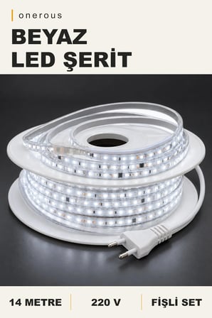 Onerous 14 m 220V Beyaz LED Şerit, Fişli, Yapışkanlı