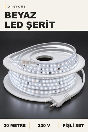 Onerous 20 m 220V Beyaz LED Şerit, Fişli, Yapışkanlı