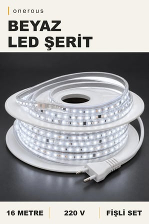 Onerous 16 m 220V Beyaz LED Şerit, Fişli, Yapışkanlı