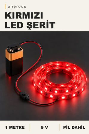 Onerous 1 m 9V Kırmızı LED Şerit, Pilli, Pil Dahil, Anahtarlı