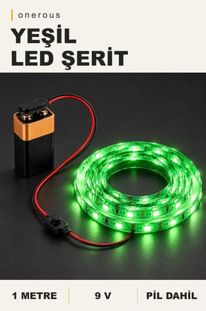 Onerous 1 m 9V Yeşil LED Şerit, Pilli, Pil Dahil, Anahtarlı