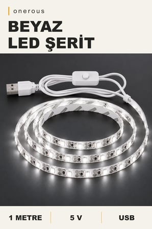 Onerous 1 m 5V Beyaz LED Şerit, Anahtarlı, USB