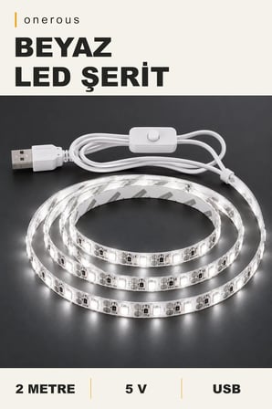 Onerous 2 m 5V Beyaz LED Şerit, Anahtarlı, USB