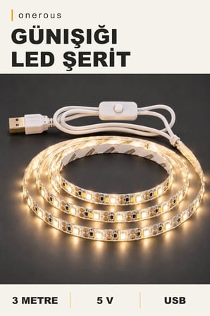 Onerous 3 m 5V Günışığı LED Şerit, Anahtarlı, USB