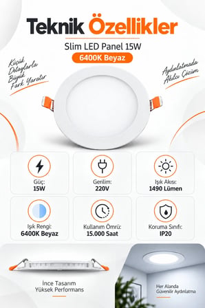 Onerous 15W 6400K Slim LED Panel Yuvarlak Sıva Altı Spot