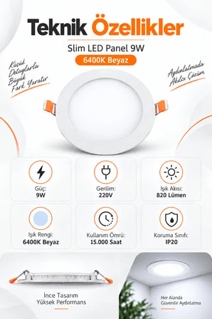 Onerous 9W 6400K Slim LED Panel Yuvarlak Sıva Altı Spot
