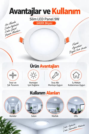 Onerous 9W 6400K Slim LED Panel Yuvarlak Sıva Altı Spot