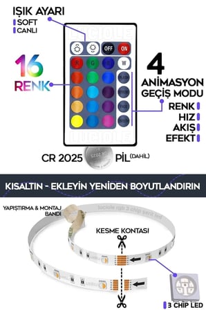 Onerous 4 m 12V RGB LED Şerit Seti, Adaptörlü, Kumandalı, 16 Renk, 4 Animasyon