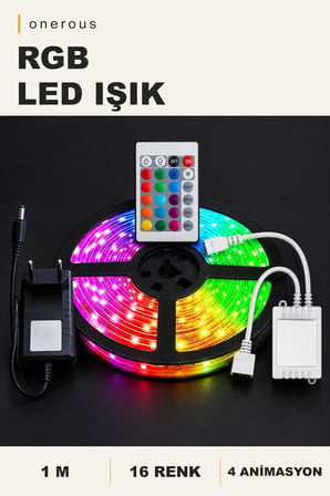 Onerous 1 m 12V RGB LED Şerit Seti, Adaptörlü, Kumandalı, 16 Renk, 4 Animasyon