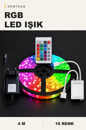 Onerous 4 m 12V RGB LED Şerit Seti, Adaptörlü, Kumandalı, 16 Renk, 4 Animasyon