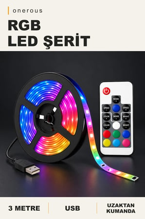 Onerous 3 m RGB LED Şerit, Uzaktan Kumandalı, USB