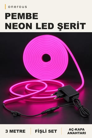 Onerous 3 m Pembe Neon LED Şerit, Anahtarlı, Fişli
