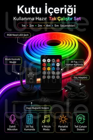 Onerous 1 m RGB Neon LED Şerit, Müzik Kontrollü, 20 Tuş Kumandalı