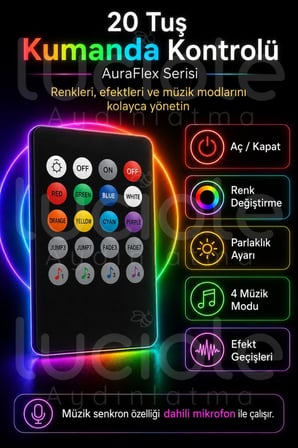 Onerous 1 m RGB Neon LED Şerit, Müzik Kontrollü, 20 Tuş Kumandalı