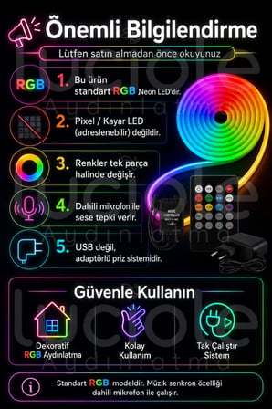 Onerous 1 m RGB Neon LED Şerit, Müzik Kontrollü, 20 Tuş Kumandalı