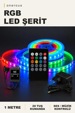 Onerous 1 m RGB LED Şerit, Müzik Kontrollü, 20 Tuş Kumandalı
