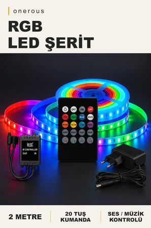 Onerous 2 m RGB LED Şerit, Müzik Kontrollü, 20 Tuş Kumandalı