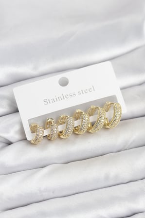 316L Çelik Gold Renk Zirkon Taşlı Halka Küpe Seti - TJ-BKP11520