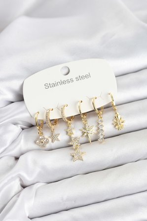 316L Çelik Gold Renk Zirkon Taşlı Yıldız Detaylı Kadın Küpe Seti TJ-BKP11872