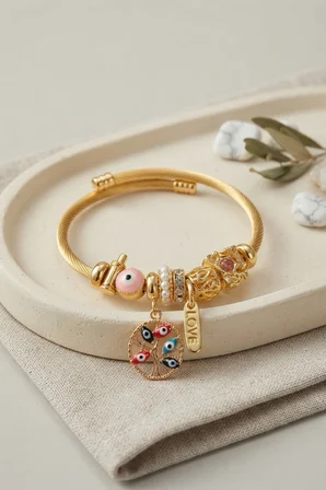 Pembe Nazar Detaylı Ağaç Charmlı Bileklik TJ-BB8703