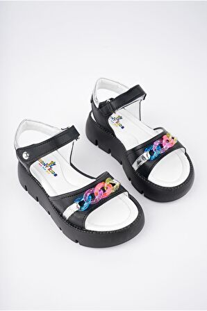 Renkli Tokalı Siyah Kız Çocuk Sandalet