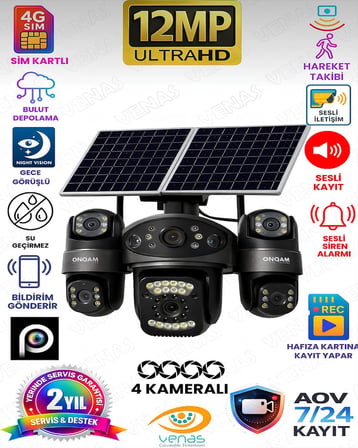 Onqam P ONSG4484 4G Kamera 4 Lens 3MP AOV Güneş Enerjili SIM Kartlı Güvenlik Kamerası