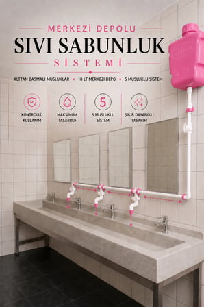 Hilal Kimya Depolu Sabunluk Sistemi | 5 Musluklu | 10 Lt Merkezi Depolu | Alttan Basmalı | Okul, Cami ve Toplu Kullanım İçin - Pembe