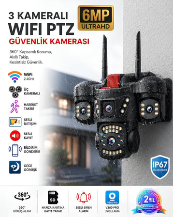 Onqam ONW2363 3 Kameralı WiFi PTZ Güvenlik Kamerası 6MP Ultra HD | 360 Derece Dış Mekan IP66 Gece Görüşlü