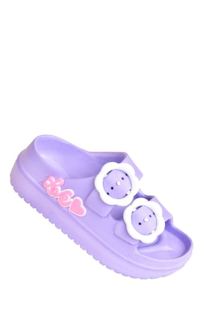 Çift Tokalı Plaj-Havuz-Bahçe-Tatil-Günlük Açık Stickerlı Kız Çocuk Terliği