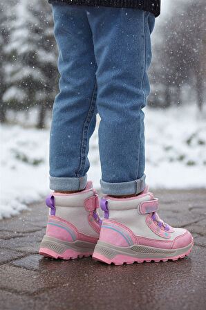 Kız Çoçuk Sim Detaylı Kışlık Kaymaz Taban Su Geçirmez Cırt Cırtlı  Yarım Bot