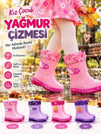 Kız Çocuk Prenses Desenli İçi Astarlı Kaymaz Tabanlı Kışlık Yağmur Çizmesi