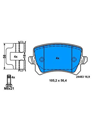 Arka Balata Caddy-tıguan-passat-a6-q3 11 Gdb1763 Wva24483 105.5x56.4x17 Mm 0986t