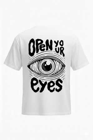 Open Your Eyes T-Shirt - Beyaz Baskılı Oversize Bisiklet Yaka Kısa Kol Bol