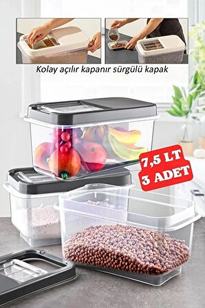 3 Adet 7,5 Lt Kolay Kayar Kapaklı Multibox Erzak Bakliyat Vs. Saklama Kabı Antrasit