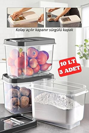 3 Adet 10 Lt Kolay Kayar Kapaklı Multibox Erzak Bakliyat Vs. Saklama Kabı Antrasit